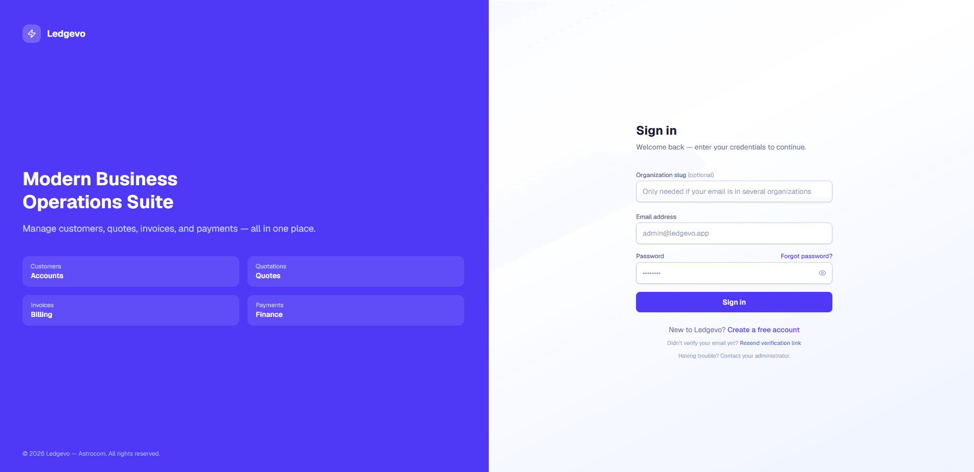 Ledgevo sign-in screen